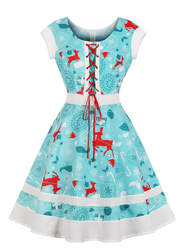 Vintage Lace-Up Christmas Snowflake Printing A-Line Above Knee Length Dress for Women Detail View