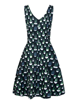 Sleeveless Spring Summer Casual Cocktail Cactus Print Swing Dress for Holiday