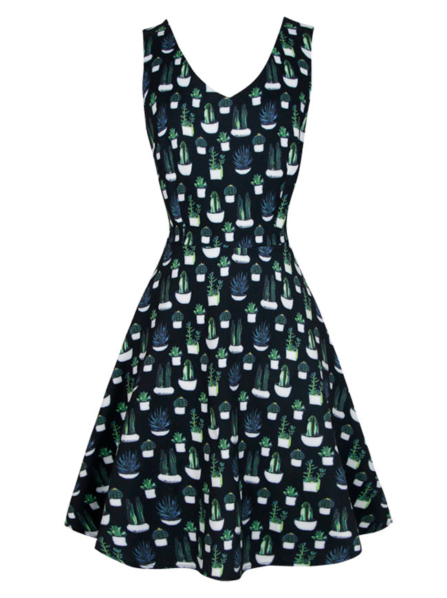 Sleeveless Spring Summer Casual Cocktail Cactus Print Swing Dress for Holiday