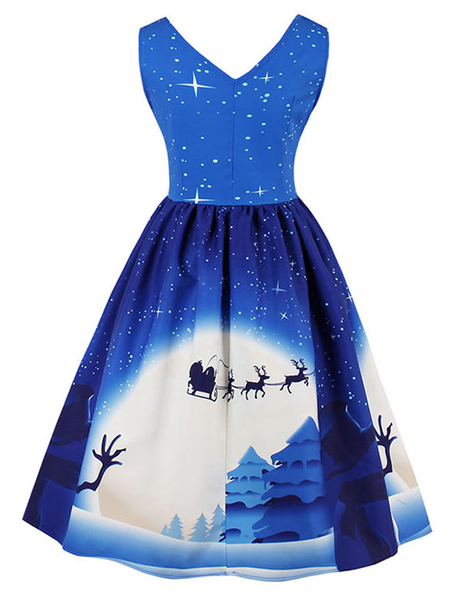 Sleeveless A-Line Short Christmas Pattern Knee Length Plus Size Short Casual Skater Dress Back View