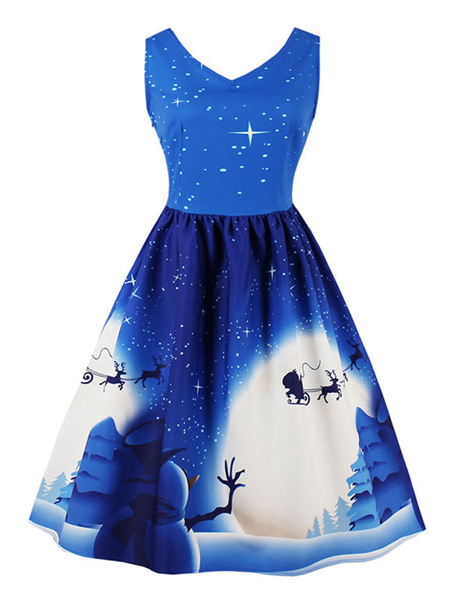 Sleeveless Snowman Printed Knee Length Flared Dress for Christmas Party