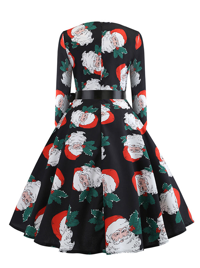 Vintage Round Neck Pin Up Style Christmas Santa Pattern Swing Dress Red with Belted Back View