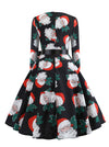 Vintage Round Neck Pin Up Style Christmas Santa Pattern Swing Dress Red with Belted Back View