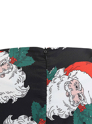 Red Elegant Long Sleeves Christmas Pattern Round Neck Tea Length Dress for Women Detail View
