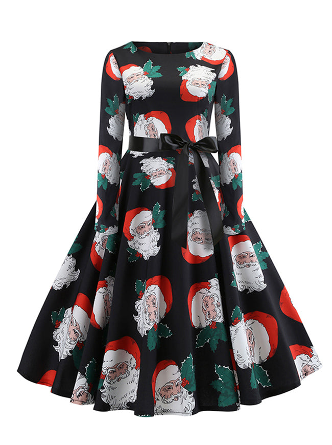 Vintage Round Neck Pin Up Style Christmas Santa Pattern Swing Dress Red with Belted Back View