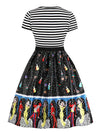Women's Black Cap Sleeve Elegant Abstract Pattern Holiday Party Midi Dress Back View