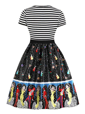 Women's Black Cap Sleeve Elegant Abstract Pattern Holiday Party Midi Dress Back View