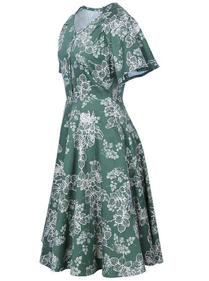 White Vintage Floral Print Skater A Line Short Sleeves Summer Vintage Cocktail Midi Dress for Women Side View