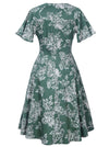 Retro 50s Style Short Sleeves Fit and Flare Knee Length Evening Party Dress for Women Green Back View