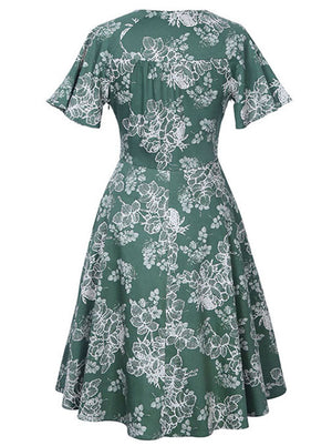 Retro 50s Style Short Sleeves Fit and Flare Knee Length Evening Party Dress for Women Green Back View