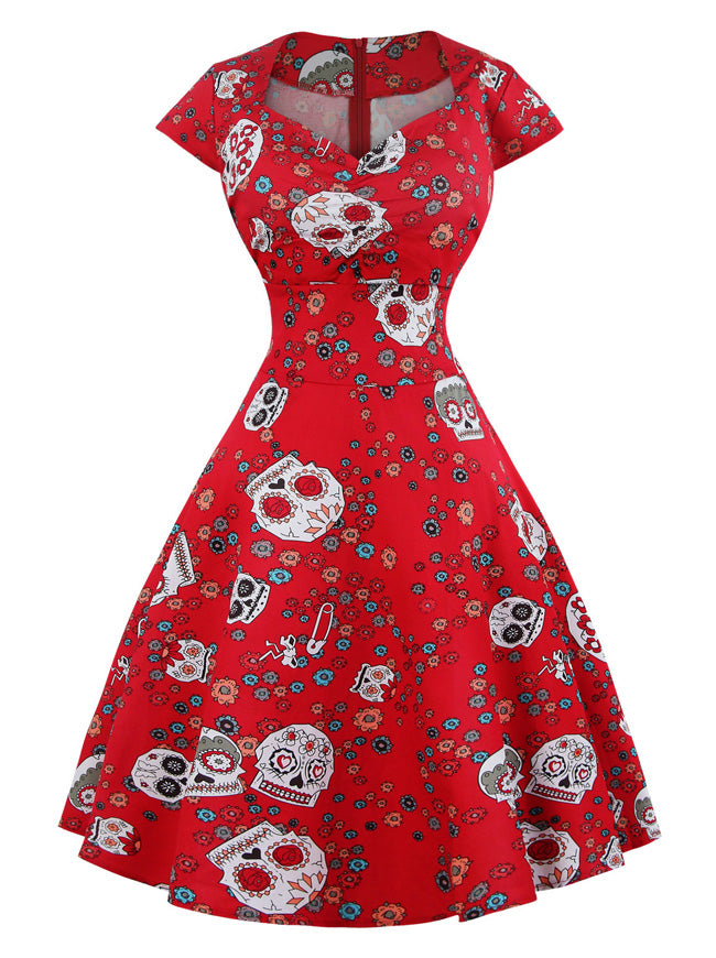 Fashionable Red Floral Halloween Cap Sleeve A-Line Swing Knee Length Cocktail Dress for Women Main View