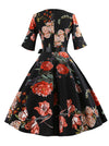 Vintage Style Camellia Printed Full Circle Flared Black Junior Spring Homecoming Midi Dress Back View