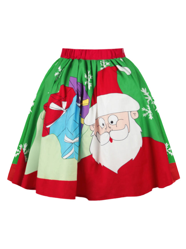 Green Red Vintage Santa Printed  Fit and Flare Clothes Ugly Christmas Dance Party Skirt for Women Back View