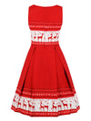 Red Vintage Sleeveless Reindeer Print Knee Length Christmas Holiday Dress for Women Back View