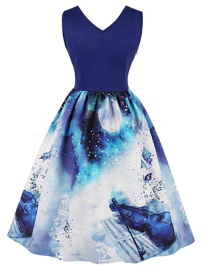 Violin Music Notes Print Cocktail Fancy Party A-Line Dress For Music Party