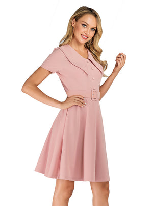 Elegant Women Formal Evening Solid Color Pink Office Fit and Flared Dress Detail View