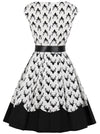 Women's 1950s Retro Round Neck Fit and Flare Cap Sleeve Tea Cocktail Dress with Belt White Black Back View