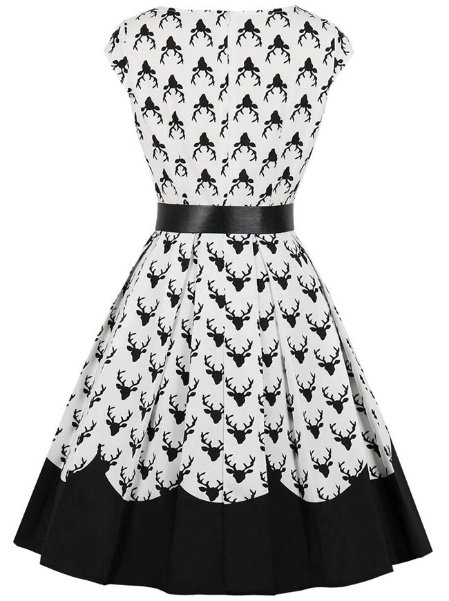 Women's 1950s Retro Round Neck Fit and Flare Cap Sleeve Tea Cocktail Dress with Belt White Black Back View