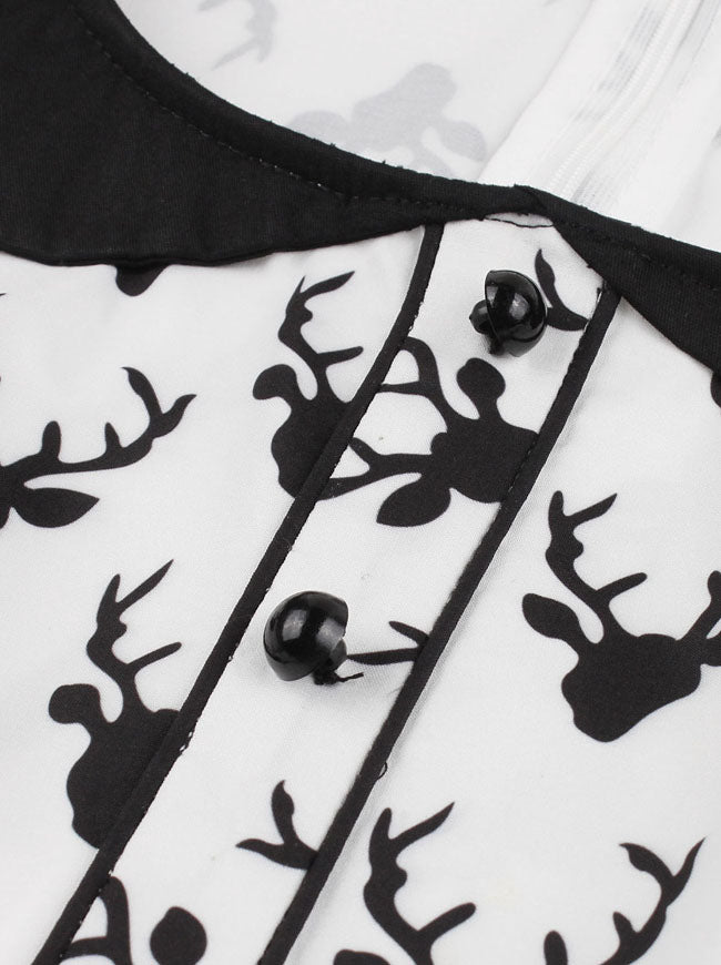 1950s Vintage Simple Black Lapel Decor Buttons Up Tea Length Rockabilly Dress White and Black Detail View