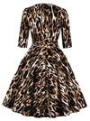 Vintage Half Sleeve Leopard Print Flare Wear to Work Dress Belt