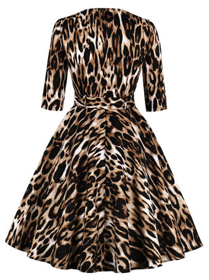 Vintage Half Sleeve Leopard Print Flare Wear to Work Dress Belt