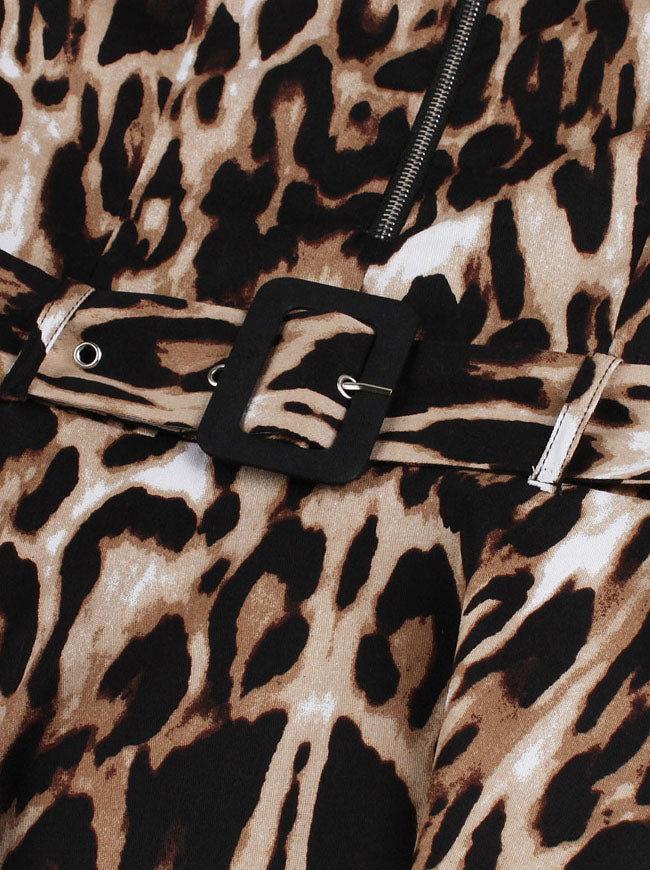 Vintage Half Sleeve Leopard Print Flare Wear to Work Dress Belt