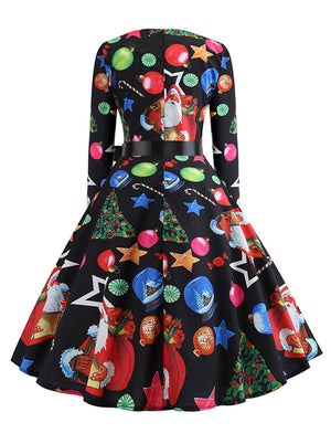 Vintage Round Neck Pin Up Style Multicolored Christmas Inflatable Pattern Swing Dress for Women Back View