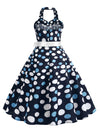 Black Backless Polka Dots Vintage 1950s Style Summer Sleeveless Halter Dress Detail View
