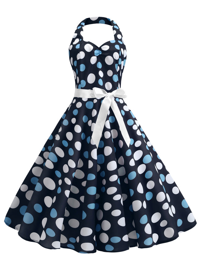 Blue and White Polka Dots Print Cocktail Party Black Bridesmaid Wedding Guest Dress Detail View