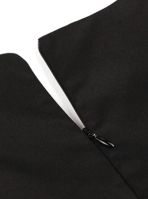 Elegant Classical Vintage Women Black Embroidery Cap Sleeve Knee Length A-Line Dress Detail View