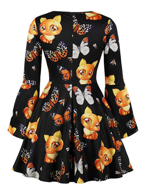 Retro 1950s Long Sleeve Casual Butterfly Pattern Fox Pattern A Line Skirt Halloween Midi Dress Back View