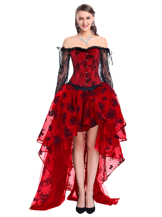 Black Embroidery Lace Long Sleeve Steampunk Red Bustier Corset with Skirt Set Model Show Main View