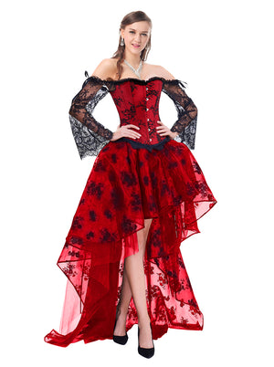 Red Vintage Beautiful Overlaid Floral Patterns Halloween Party Corset with Skirt Set for Women Side View