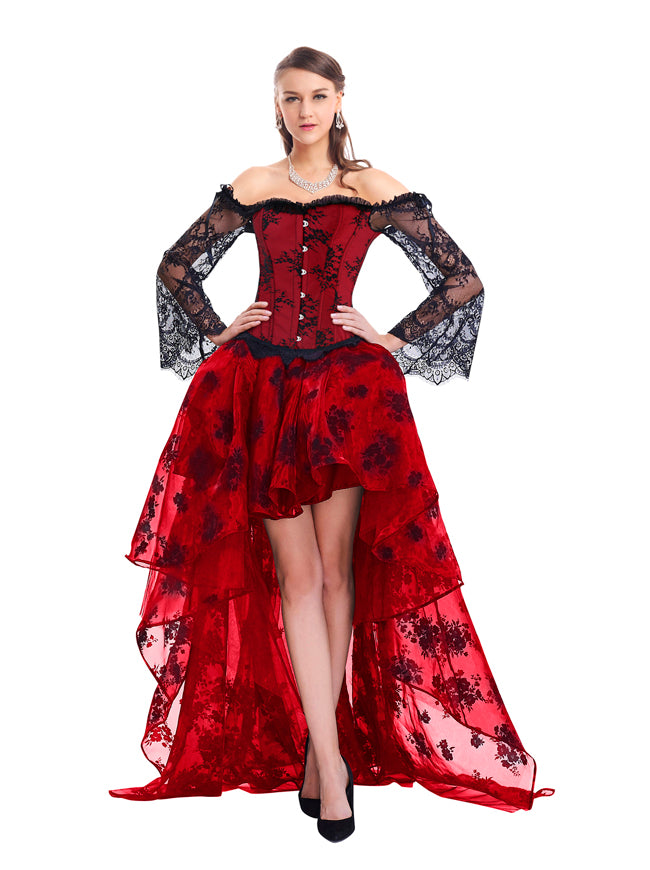 Vintage Ruffle Lace Red Corset Steampunk Outfit Strapless Busk Off Shoulder Dance Wear High Low Skirt Model Show Main View