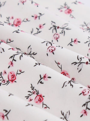 Slim Fit Retro Tea White Floral Button Up Vintage Midi Dress Detail View