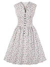 Women's 1950s Vintage Floral Printed V Neck Sleeveless Swing Dress