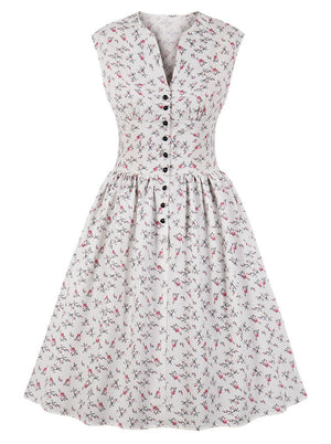 Women's 1950s Vintage Floral Printed V Neck Sleeveless Swing Dress