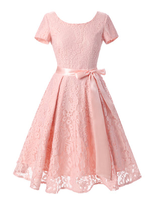 Pink Short Sleeved Retro Vintage Wedding Guest Party Lace Tea Length Dress Main View