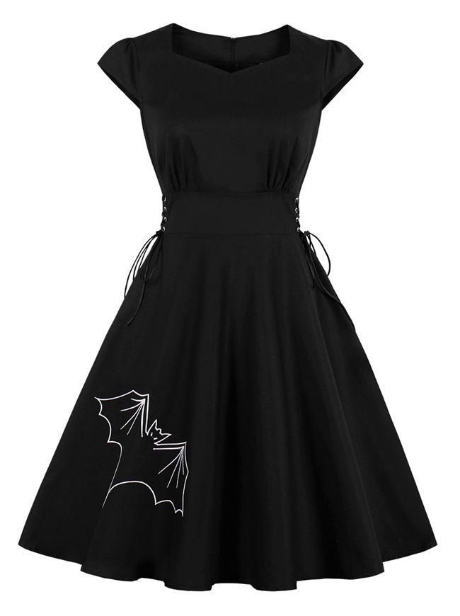 Classical Vintage High Quality Casual Women Black Pleats Cap Sleeve Party Dress Detail View