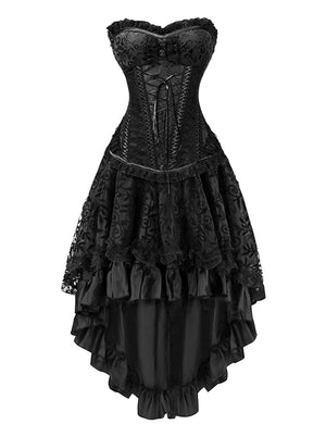 Sexy Masquerade Steampunk Gothic Burlesque Costume Corset with Hi Low Skirt Set