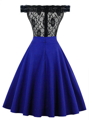 Royal Blue Classy Off Shoulder Sleeveless See-Through Semi Formal Prom Dress Back View
