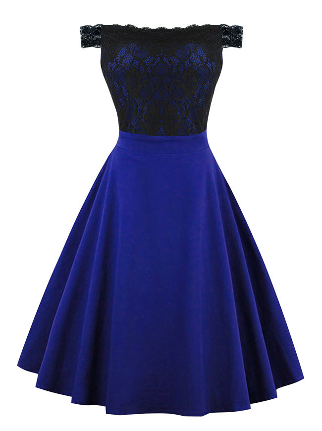 Women Royal Blue Strapless Knee Length Fit And Flare Cotton Graduation Dress Detail View