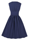 Navy Blue Polka Dots Women Bridesmaid Vintage Summer Casual A-line Swing Dress Back View