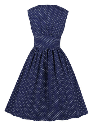 Navy Blue Polka Dots Women Bridesmaid Vintage Summer Casual A-line Swing Dress Back View