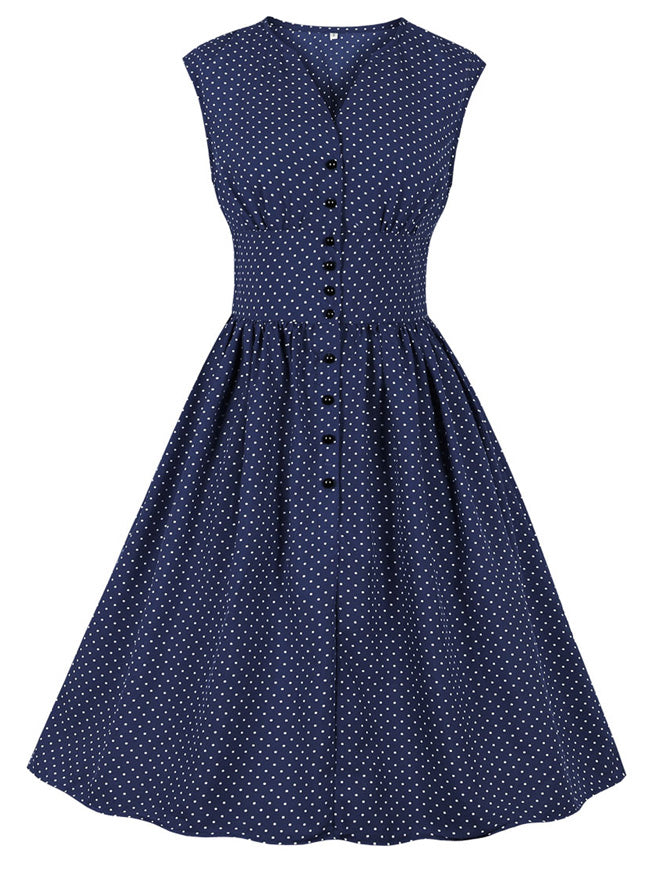 Women's 1950s Vintage Polka Dots Printed V Neck Sleeveless Swing Dress