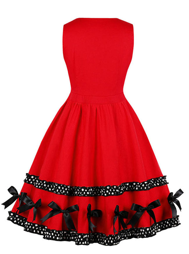 Red Vintage Sleeveless Fit and Flare High Waist Bows Knee Length Cocktail Dress Back View