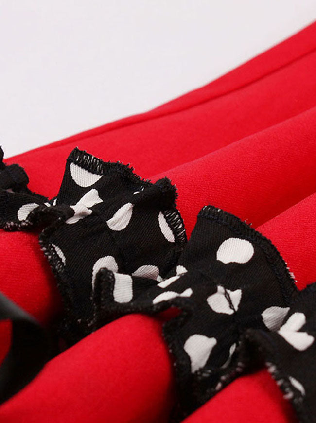 Vintage 1950s Polka Dots Fit Flare Tea Length Red Cocktail Dresses for Women Detail View