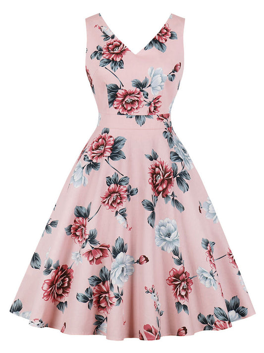 1950s Vintage Floral Print Sleeveless Cocktail Party Tank Dress