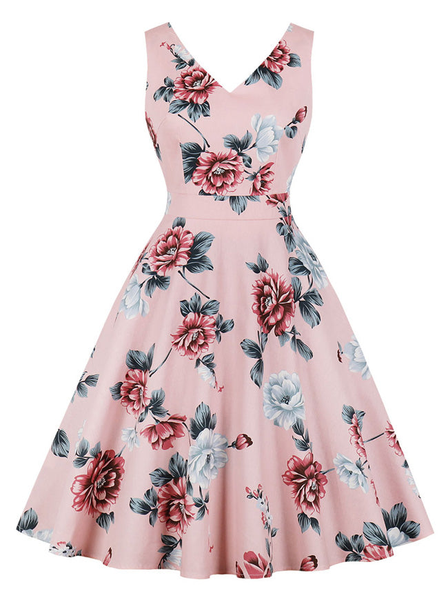 Fashion Vintage 50s Red Floral Sleeveless V Neck Pocket Pink Audrey Style Dress Detail View