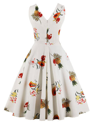 Retro Sleeveless Vintage Fruit Print Tea Party Pleated Dress